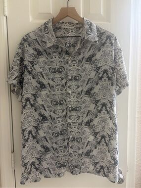 12th Tribe Black & White Paisley-Pattern Short Sleeve Button Shirt